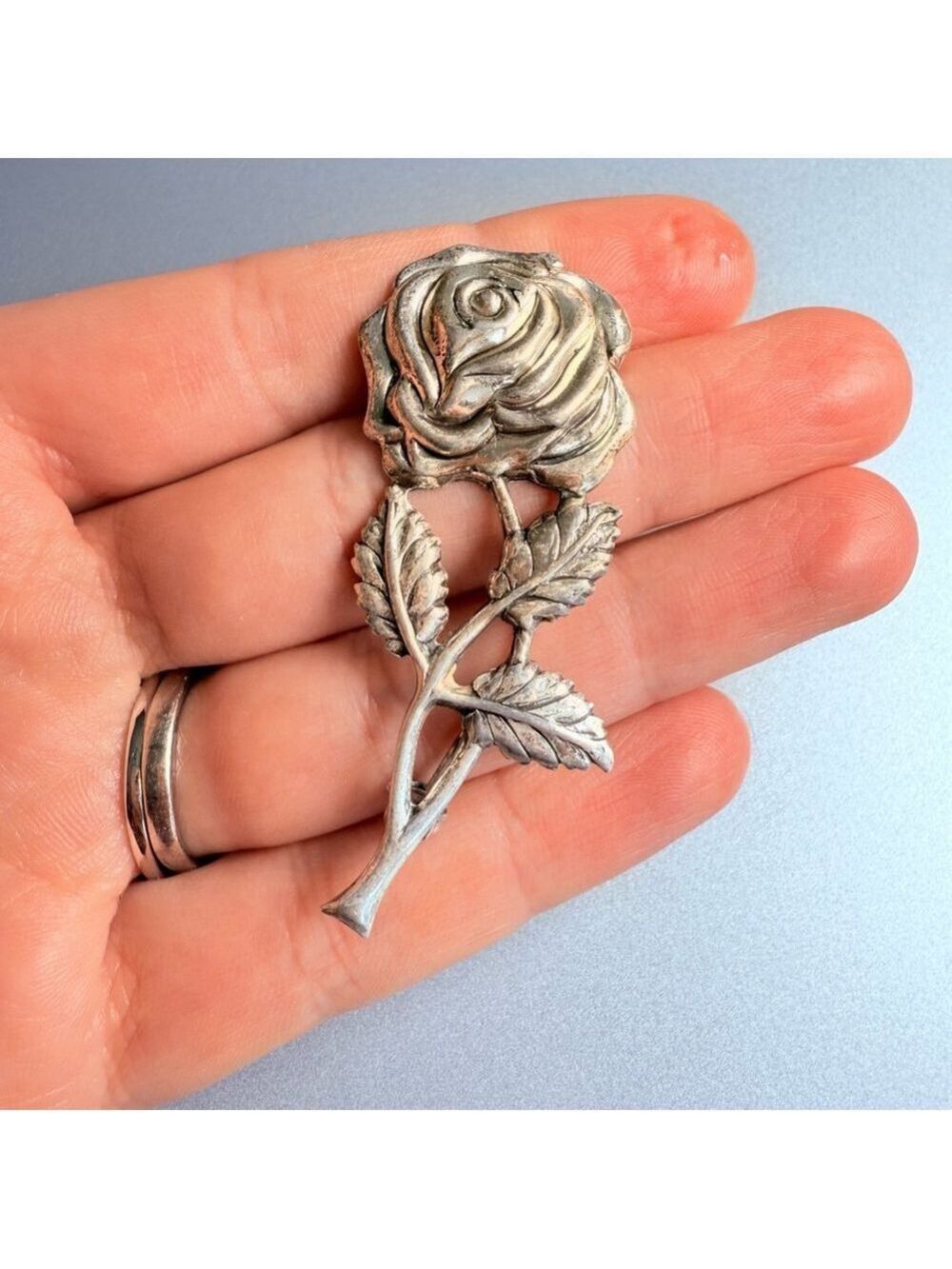 LANG 925 Sterling Silver Large 2.25" Rose Flower Mid Century Pin Brooch MCM VTG - Picture 2 of 7